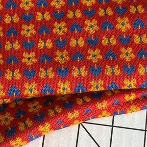Vintage 1970s Polyester Knit Fabric Hearts & Flowers Red Blue Yellow 1 Yard 64”